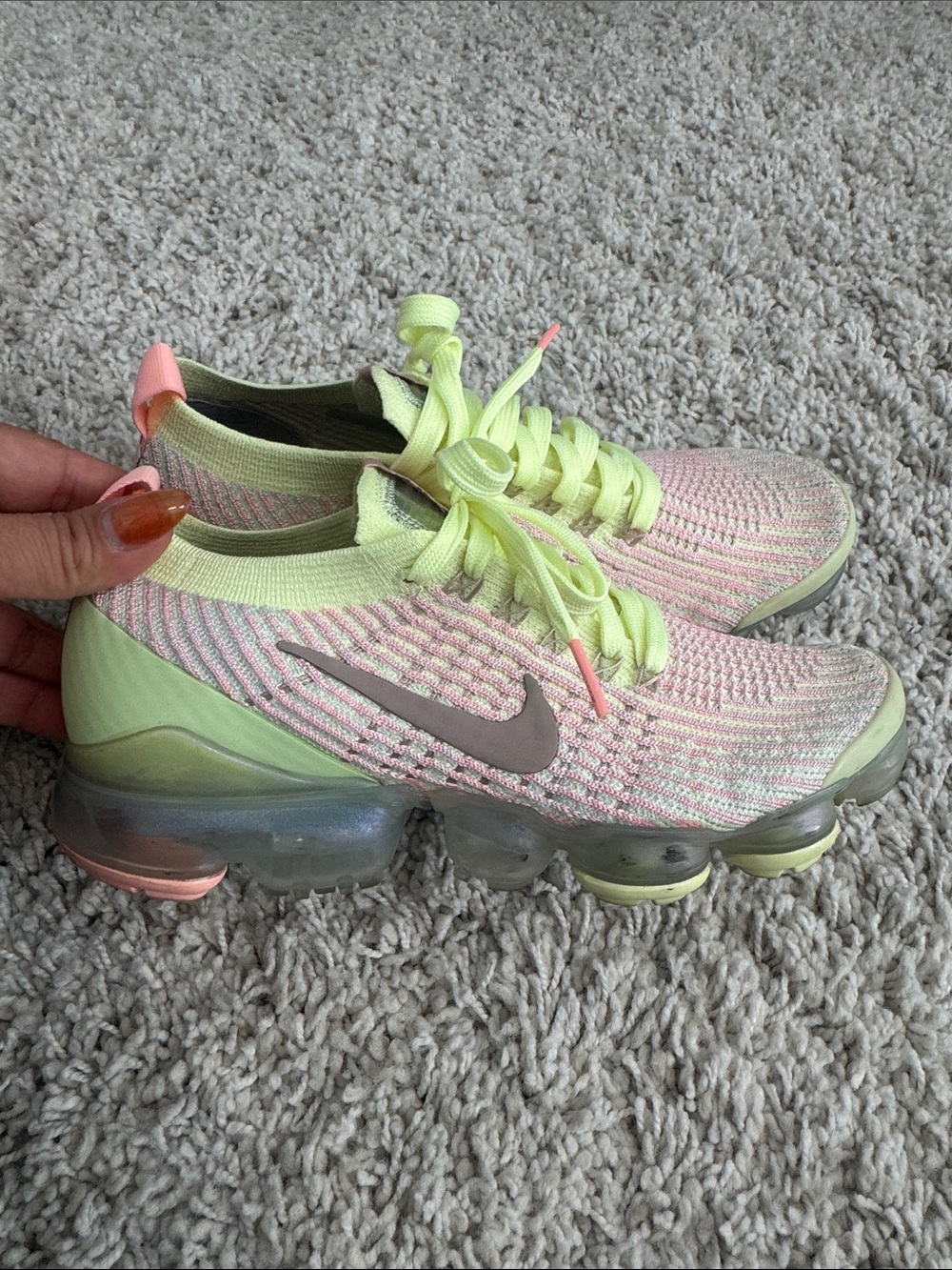 Nike VaporMax Flyknit Sneakers in Lime Green and Coral - Picture 4 of 6